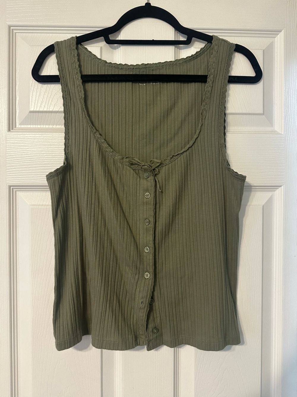 aerie Olive Green Ribbed Button Tank with Tie